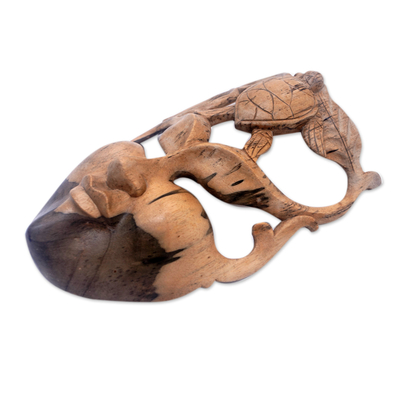 Wood mask, 'Turtle Queen' - Hand-Carved Traditional Hibiscus Wood Mask from Bali
