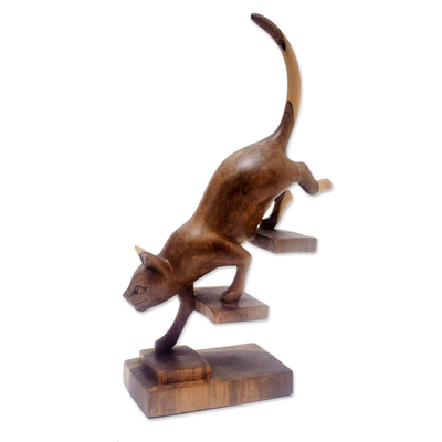 Wood sculpture, 'Feline Acts' - Hand-Carved Modern Hibiscus Wood Sculpture of a Cat