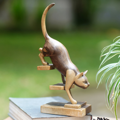 Escultura de madera - Escultura moderna de madera de hibisco tallada a mano de un gato