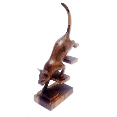 Escultura de madera - Escultura moderna de madera de hibisco tallada a mano de un gato