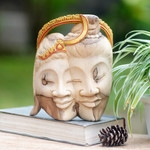 Wood mask, 'Divine Romance' - Handcrafted Shiva and Parvati Hibiscus Wood Mask from Bali