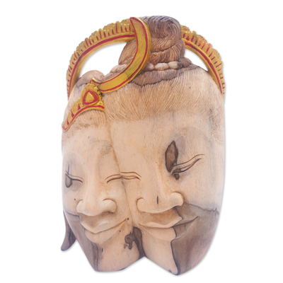 Wood mask, 'Divine Romance' - Handcrafted Shiva and Parvati Hibiscus Wood Mask from Bali