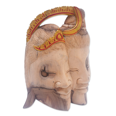 Wood mask, 'Divine Romance' - Handcrafted Shiva and Parvati Hibiscus Wood Mask from Bali