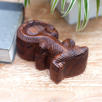 Wood puzzle box, 'Crocodile's Challenge' - Hand-Carved Cocodrile-Themed Suar Wood Puzzle Box from Bali