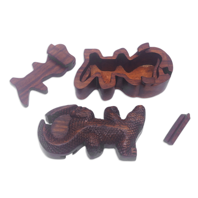 Wood puzzle box, 'Crocodile's Challenge' - Hand-Carved Cocodrile-Themed Suar Wood Puzzle Box from Bali