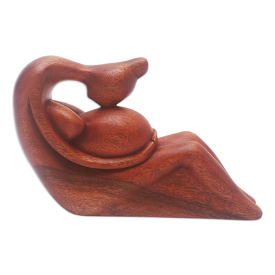 Wood sculpture, 'Belly Kiss' - Hand-Carved Suar Wood Sculpture of Pregnant Woman