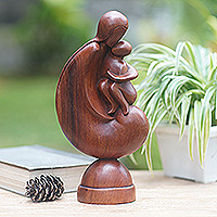 Wood sculpture, 'Beloved Child' - Hand-Carved Suar Wood Sculpture of Mother and Child
