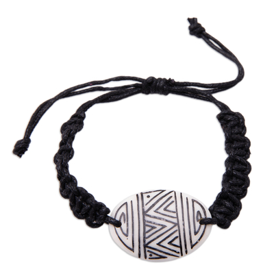Men's cotton macrame pendant bracelet, 'Eternal Spirit' - Men's Cotton Macrame Pendant Bracelet in Black and Ivory