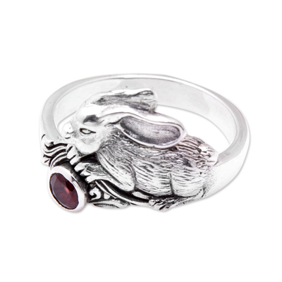 Garnet cocktail ring, 'Perseverance Rabbit' - Rabbit-Themed Cocktail Ring with Natural Garnet Stone