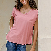 Embroidered rayon top, 'Timeless in Rose' - Embroidered Short-Sleeve Pink Rayon Blouse from Bali