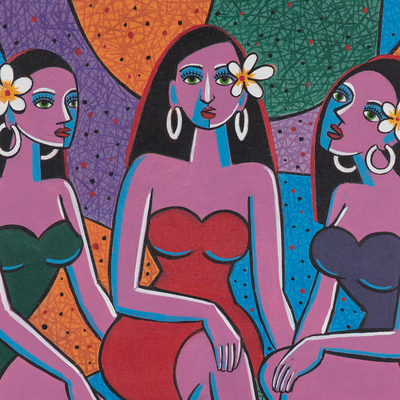 'Trio of Balinese Women' - Pintura acrílica cubista sin estirar firmada en vibrantes coloress