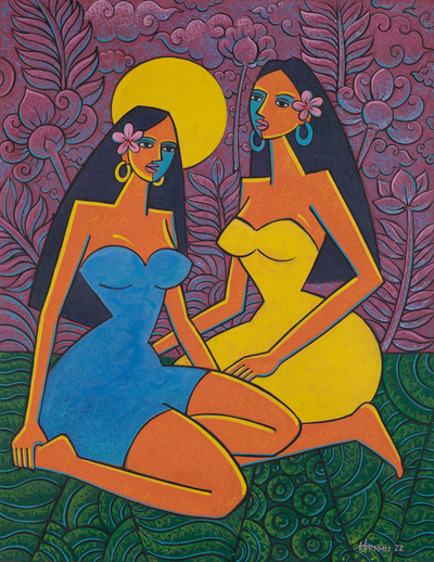 'Twin Women' - Pintura en acrílico cubista y expresionista floral firmada