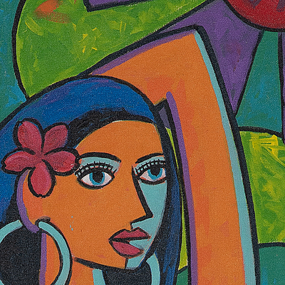 'Mujeres fuertes' - Pintura acrílica cubista tropical sin estirar firmada
