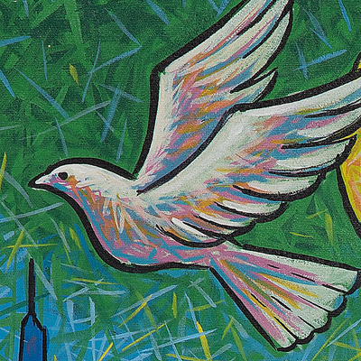 'La paz es bella' - Pintura acrílica expresionista sin estirar firmada de Bali