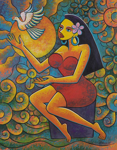 'Niluh Sekarwangi' - Pintura acrílica expresionista sin estirar firmada de una mujer