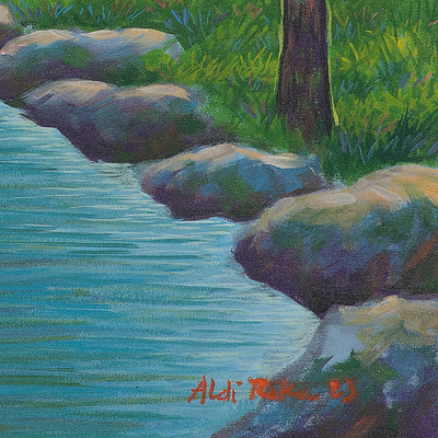 'Flowing Life' - Pintura de paisaje impresionista firmada de Java