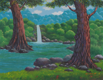 Acrylic on Canvas Landscape Painting of Waterfall from Java