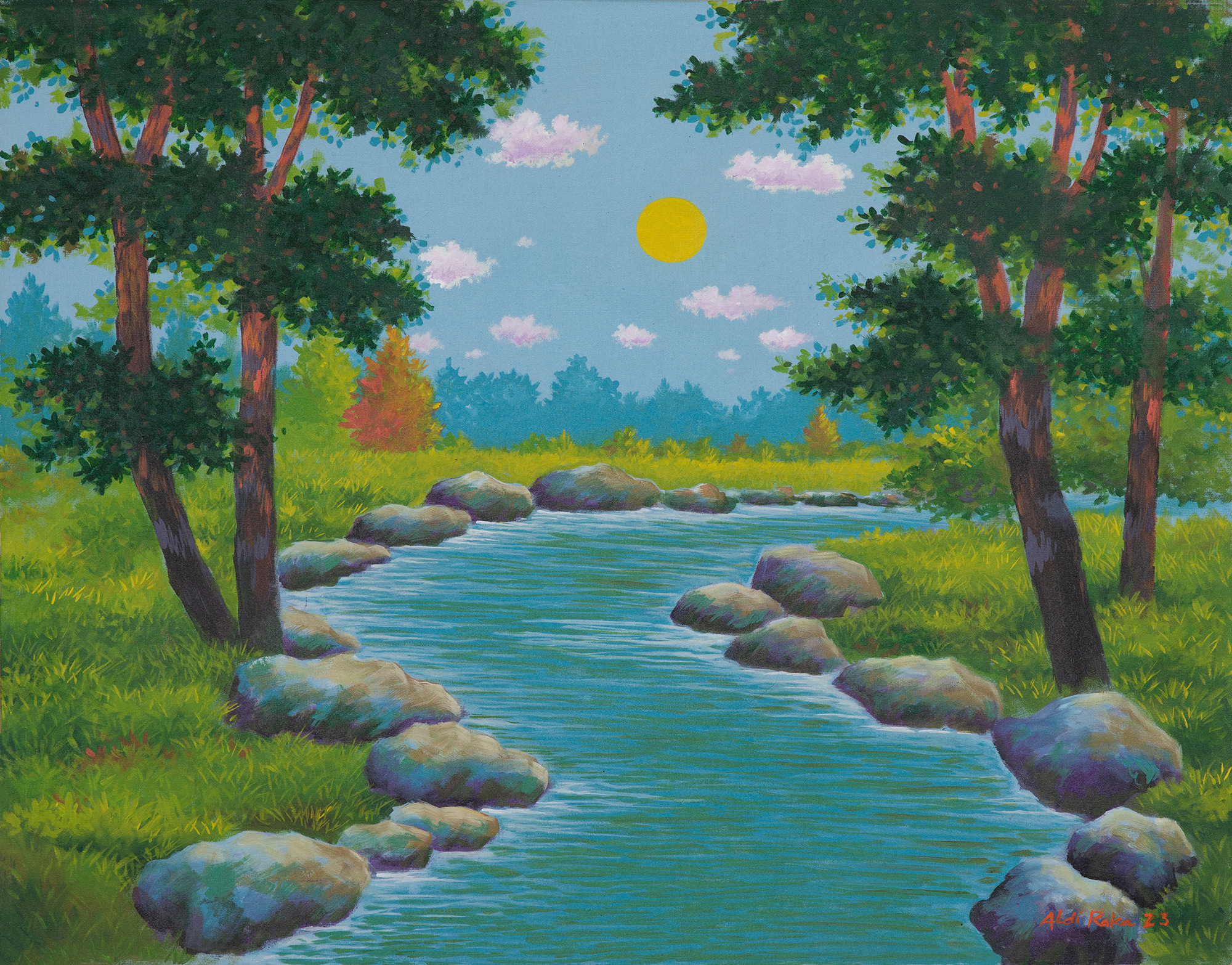 Acrylic on Canvas Landscape Painting of River from Java The Flowing Road