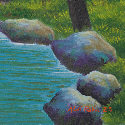 'The Flowing Road' - Acrylic on Canvas Landscape Painting of River from Java