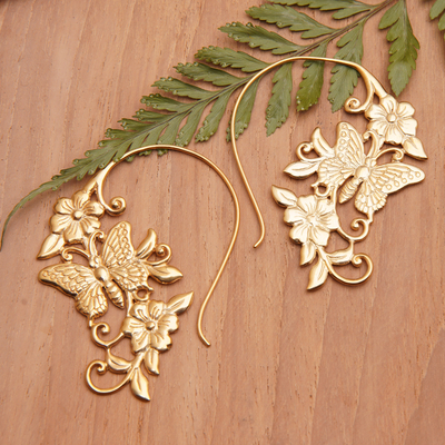 Pendientes colgantes chapados en oro - Aretes colgantes chapados en oro de 18 k con temática floral y mariposa