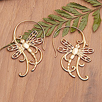 Gold-plated drop earrings, 'Enchanting Dragonfly' - Polished Dragonfly-Themed 18k Gold-Plated Drop Earrings