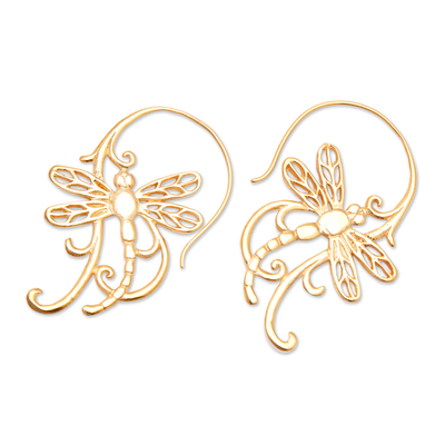 Pendientes colgantes chapados en oro, 'Enchanting Dragonfly' - Pendientes colgantes chapados en oro de 18k con temática de libélula pulida