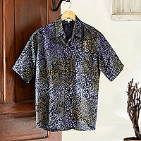 Men's batik rayon shirt, 'Purple Floral'