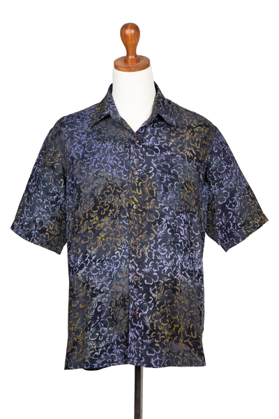 Men's batik rayon shirt, 'Purple Floral' - Men's Handcrafted Rayon Shirt with Purple Batik Pattern