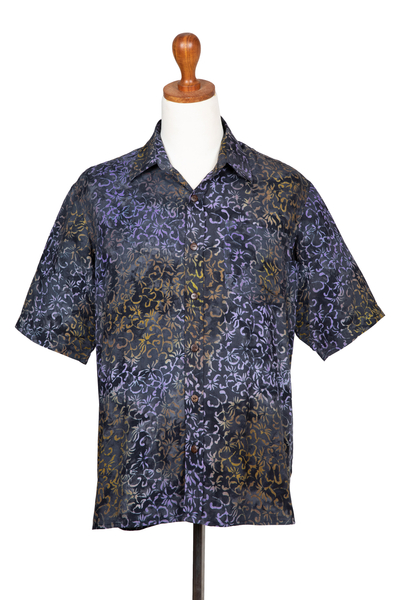 Herrenhemd aus Batik-Rayon - Handgefertigtes Rayon-Hemd für Herren mit lila Batikmuster