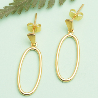 Gold-plated dangle earrings, 'Avant-Garde Dame' - 18k Gold-Plated Brass Oval Dangle Earrings from Bali