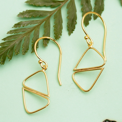 Gold-plated dangle earrings, 'Harmonious Dimensions' - Geometric 18k Gold-Plated Brass Dangle Earrings from Bali