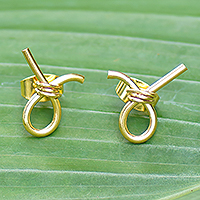 Gold-plated button earrings, 'Future Ribbons' - Modern 18k Gold-Plated Brass Button Earrings from Bali