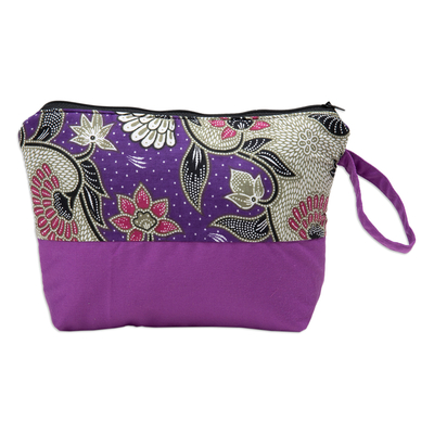 Bolsa cosmética batik de algodón, 'Púrpura floreciente' - Bolsa cosmética de algodón hecha a mano en púrpura con patrón Batik