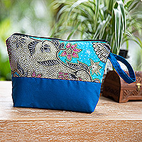 Cotton batik cosmetic bag, 'Flowering Blue'
