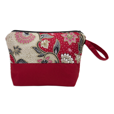 Cotton batik cosmetic bag, 'Flowering Red' - Handcrafted Cotton Cosmetic Bag in Red with Batik Pattern
