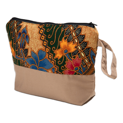 Bolsa de cosméticos de batik de algodón, 'Primavera en Java' - Bolsa de cosméticos de batik tradicional hecha de algodón en Java
