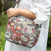 Cotton batik sling, 'Jogjakarta Vibes' - Handcrafted Cotton Sling with Floral Batik Pattern in Brown