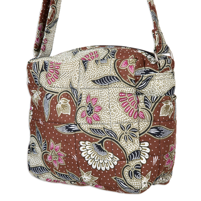Cotton batik sling, 'Jogjakarta Vibes' - Handcrafted Cotton Sling with Floral Batik Pattern in Brown