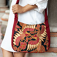 Beaded cotton batik shoulder bag, 'Intense Sawunggaling' - Traditional Beaded Cotton Batik Shoulder Bag in Red