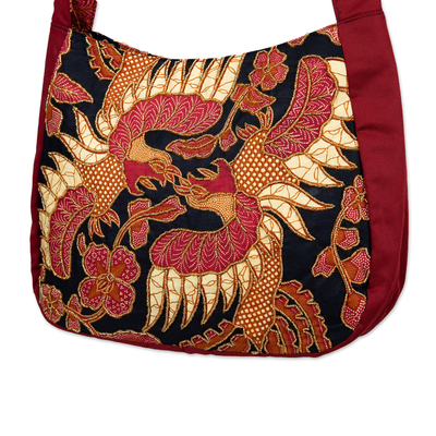 Perlenbesetzte Batik-Umhängetasche aus Baumwolle - Traditionelle Batik-Schultertasche aus Baumwolle mit Perlen in Rot