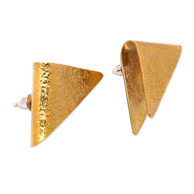 Brass drop earrings, 'Pyramid Embrace' - Textured Triangle-Shaped Brass Drop Earrings from Bali