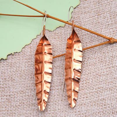 Copper dangle earrings, 'Metallic Autumn' - Leafy Polished Copper Dangle Earrings Crafted in Bali