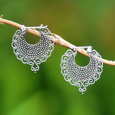 Sterling silver hoop earrings, 'Gianyar Majesty' - Traditional Sterling Silver Hoop Earrings from Bali