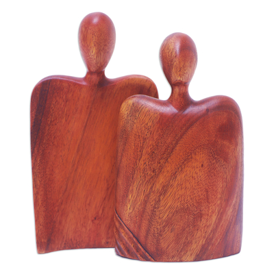 Wood sculpture, 'Behind You' (2 pieces) - Hand-Carved Suar Wood Sculpture of a Couple (2 Pieces)