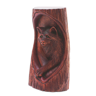 Wood sculpture, 'Watchful Wolf' - Wolf-Themed Hand-Carved Polished Suar Wood Sculpture