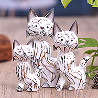 Wood statuettes, 'Feline Curiosity' (set of 3) - Set of 3 Cat-Themed Albesia Wood Statuettes Crafted in Bali