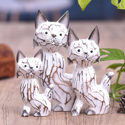Wood statuettes, 'Feline Curiosity' (set of 3) - Set of 3 Cat-Themed Albesia Wood Statuettes Crafted in Bali