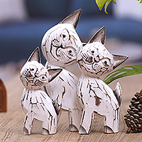 Wood statuettes, 'Feline Sweetness' (set of 3) - Set of 3 Cat-Themed Albesia Wood Statuettes from Bali