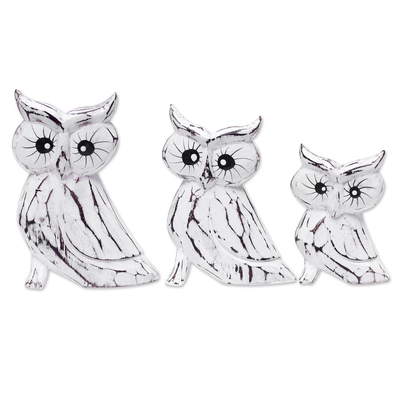 Wood statuettes, 'Feathered Guardians' (set of 3) - Set of 3 Owl-Themed Albesia Wood Statuettes Crafted in Bali