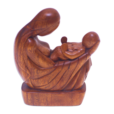 Wood sculpture, 'Mother Care' - Hand-Carved Suar Wood Sculpture of a Mother and her Baby